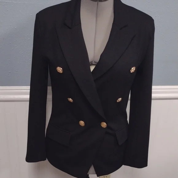 Attitude Unknown Chic Black Double-Breasted Blazer with Gold Accents - Picture 3 of 16